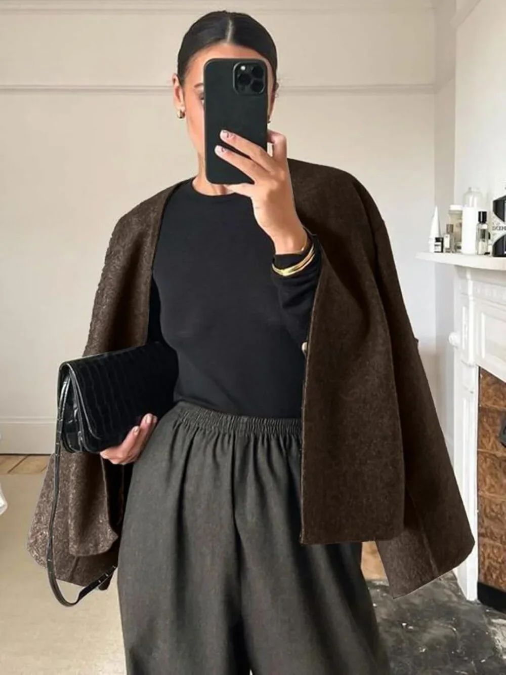 Women's Brown Wool Blend Cropped Collarless Long Sleeve Short Fall Pea Overcoat